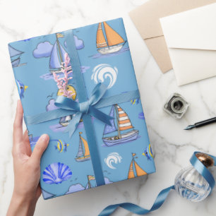 Blue Sailing Boat Wrapping Paper Geschenkpapier
