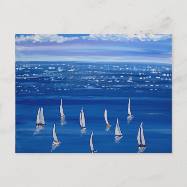 Blue Sailing Sailboats Folklorekunst Postkarte (Vorderseite)