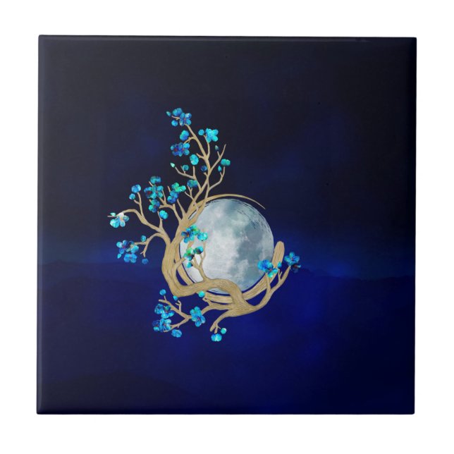 Blue Sakura Blossom Zen Moon Fliese (Vorderseite)