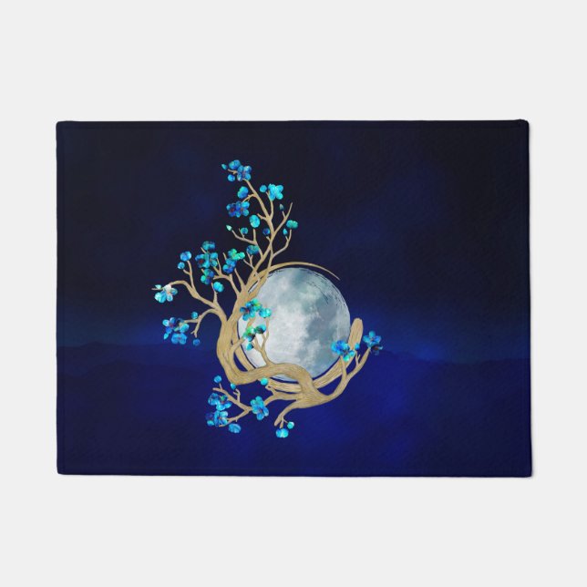 Blue Sakura Blossom Zen Moon Fußmatte (Vorderseite)