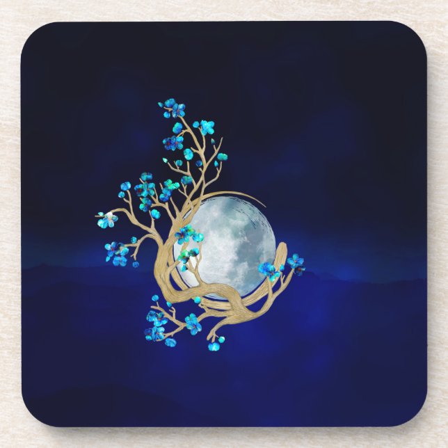 Blue Sakura Blossom Zen Moon Getränkeuntersetzer (Vorderseite)