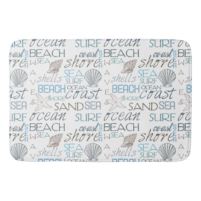 Blue Sand Beach Theme Muscheln Worte Badematte (Vorderseite)