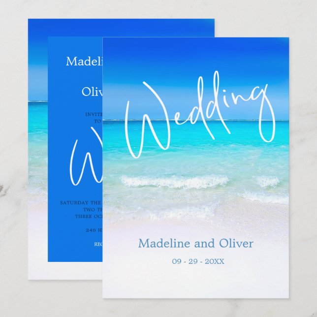 Blue Sand Hotel Wedding Beach Ocean Modernes Ziel Einladung (Vorne/Hinten)