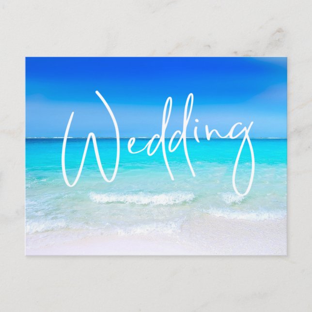 Blue Sand Hotel Wedding Beach Ocean Modernes Ziel Einladungspostkarte (Vorderseite)