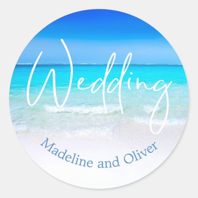 Blue Sand Hotel Wedding Beach Ocean Modernes Ziel Runder Aufkleber (Vorderseite)