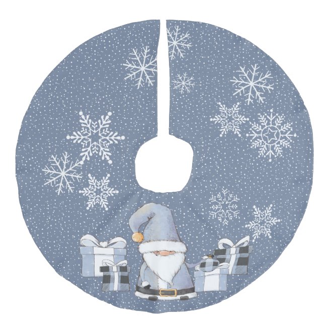 Blue Santa Gnome mit Geschenken Leinenimitat Weihnachtsbaumdecke (Vorderseite)
