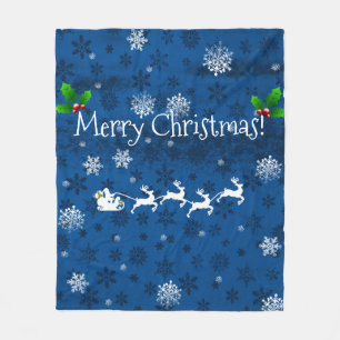 Blue Santa's Sleigh and Rentier Throw Blanket Fleecedecke