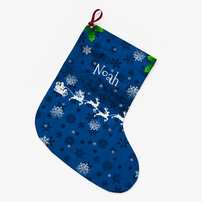 Blue Santa's Sleigh & Rentier Weihnachts-Strumpf Großer Weihnachtsstrumpf (Vorderansicht (hängend))