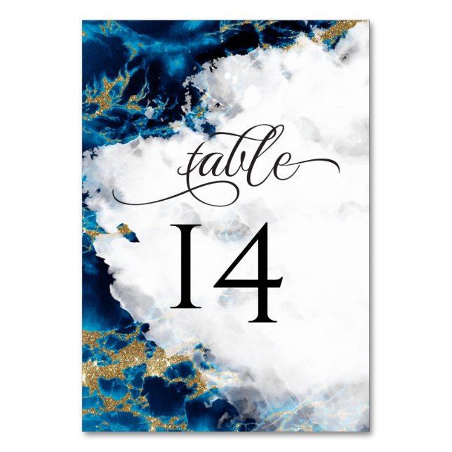Blue Sapphire Watercolor Geode BarefootBride™ Tischnummer (Vorderseite)