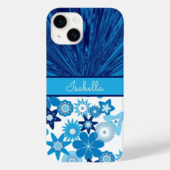 Blue Satin in Blume Monogramm Case-Mate iPhone 14 Hülle (Rückseite)