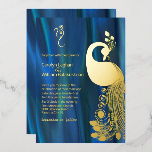 Blue Satin mit Gold Peacock und Ganesha Wedding Folieneinladung (Vorderseite/Rückseite)