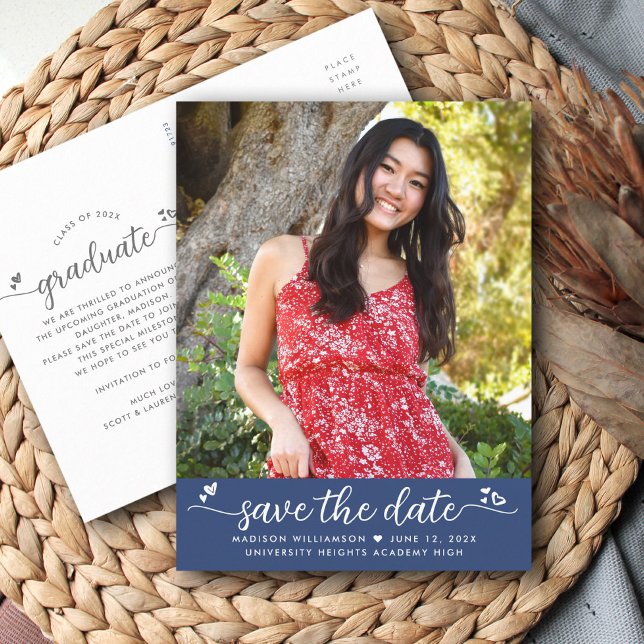 Blue Save the Date Abschluss Foto Script Hearts Einladungspostkarte (Von Creator hochgeladen)
