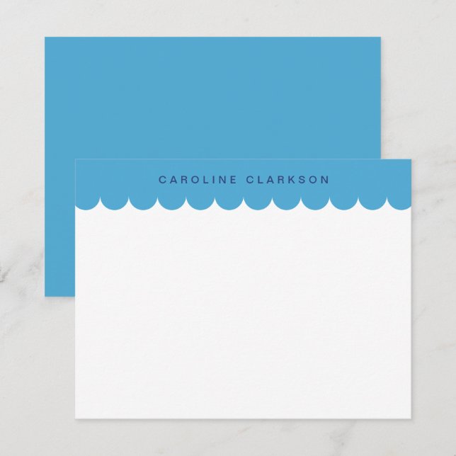 Blue Scallop Border Modern Stationer Note Card Einladung (Vorne/Hinten)