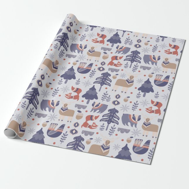 Blue Scandinavian Winter Fox Badger Geschenkpapier (Ungerollt)