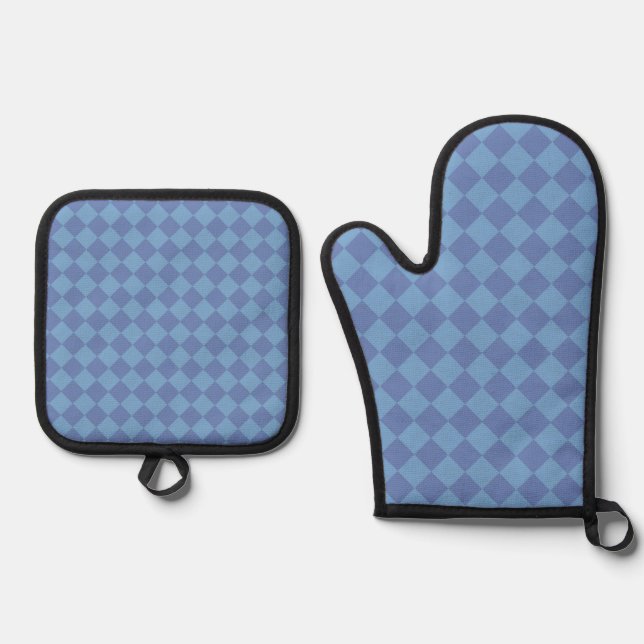 Blue Schachbrett Diamond Pattern Ofenhandschuh & Topflappen-Set (Vorderseite)