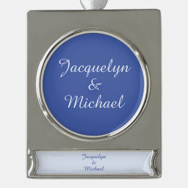 Blue Schlicht Elegante Moderne Kalligraphie Name Banner-Ornament Silber (Vorderseite)