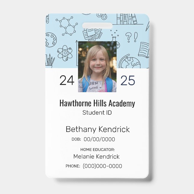 Blue School Icons Homeschool Student ID Abzeichen Ausweis (Front)