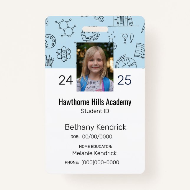 Blue School Icons Homeschool Student ID Badge (Devant)