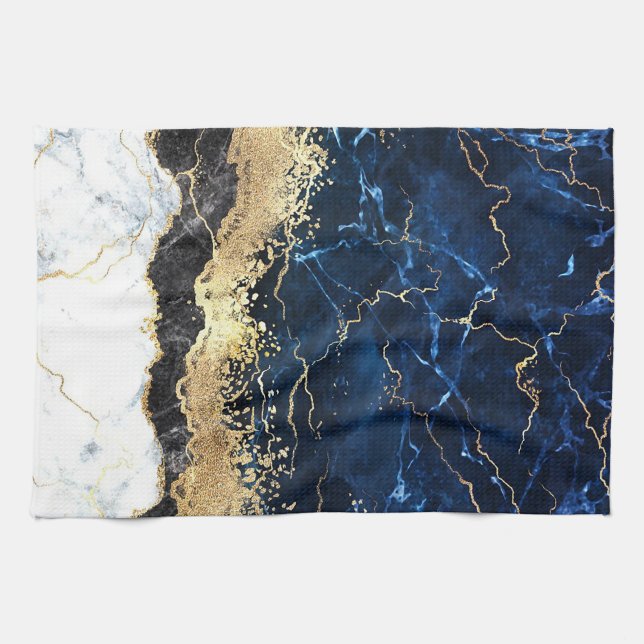 Blue Schwarz-weiß Marble Glam Geschirrtuch (Horizontal)