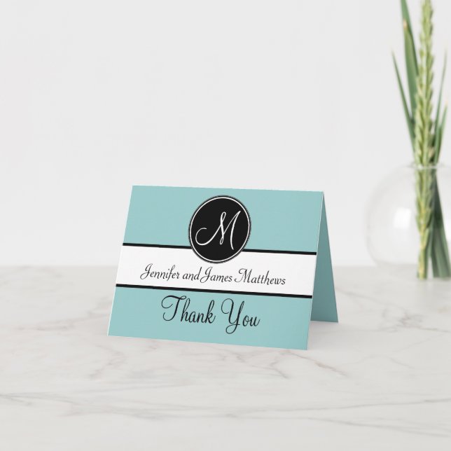 Blue Schwarz-weiß Monogram Wedding Dankeschön Kart Dankeskarte (Vorderseite)