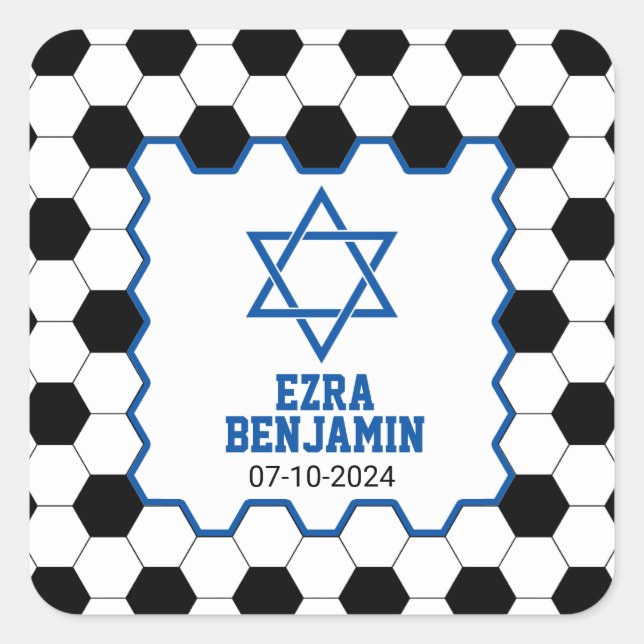 Blue Schwarz-weiß Soccer Ball Bar Mitzvah Quadratischer Aufkleber (Vorderseite)