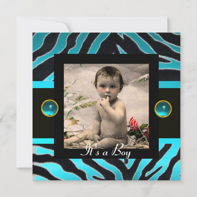 BLUE SCHWARZ-WEISSE ZEBRA FUR Monogramm-Fotomodell Einladung (Vorderseite)