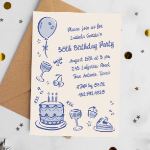Blue Scribble Hand Drawn 30. Geburtstag Party Einladung