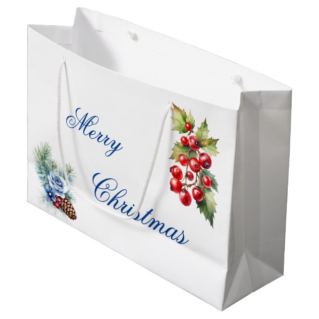 Blue Script auf White Holly Berries Frohe Weihnach Große Geschenktüte (Vorderseite Schrägansicht)