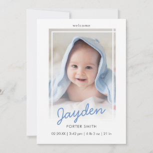 Blue Script Boy Foto Birth Announcement Card Ankündigung