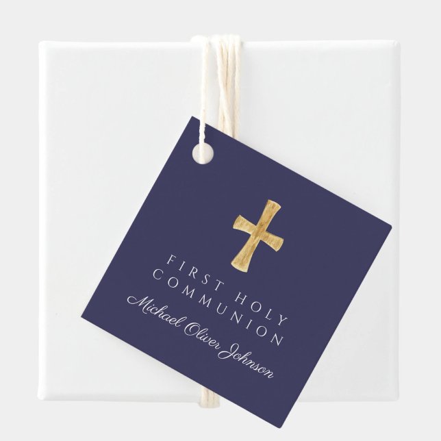 Blue Script Cross Boy Erste Kommune Geschenkanhänger (Navy Blue Script Cross Boy First Communion Favor Tags)