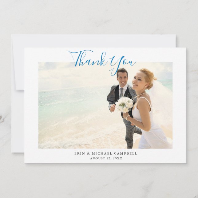 Blue Script Foto Beach Wedding Dankeschön Card Einladung (Vorderseite)
