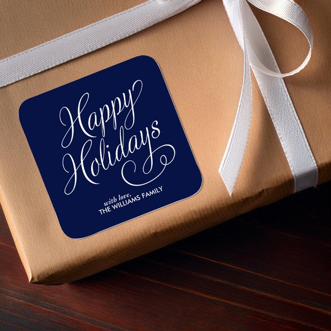 Blue Script Happy Holidays Quadratischer Aufkleber (Von Creator hochgeladen)