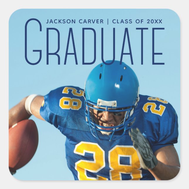 Blue Script Overlay Foto Football Player Quadratischer Aufkleber (Vorderseite)