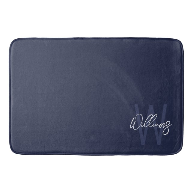 Blue Script Personalisiert Monogram und Name Badematte (Vorderseite)