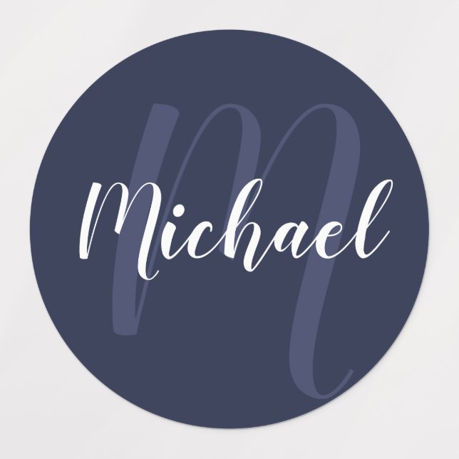 Blue Script Personalisiert Monogram und Name Etiketten (Design 1)