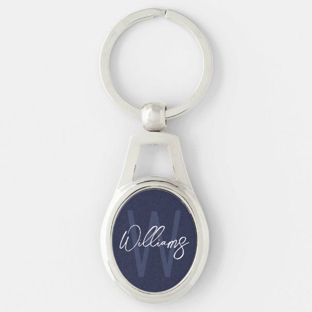 Blue Script Personalisiert Monogram und Name Schlüsselanhänger (Vorderseite)