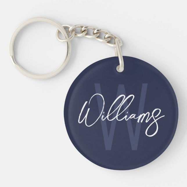 Blue Script Personalisiert Monogram und Name Schlüsselanhänger (Vorderseite)