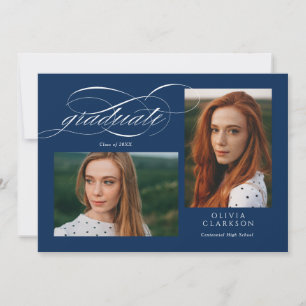 Blue Script QR Code 3 Foto Graduation Party Einladung