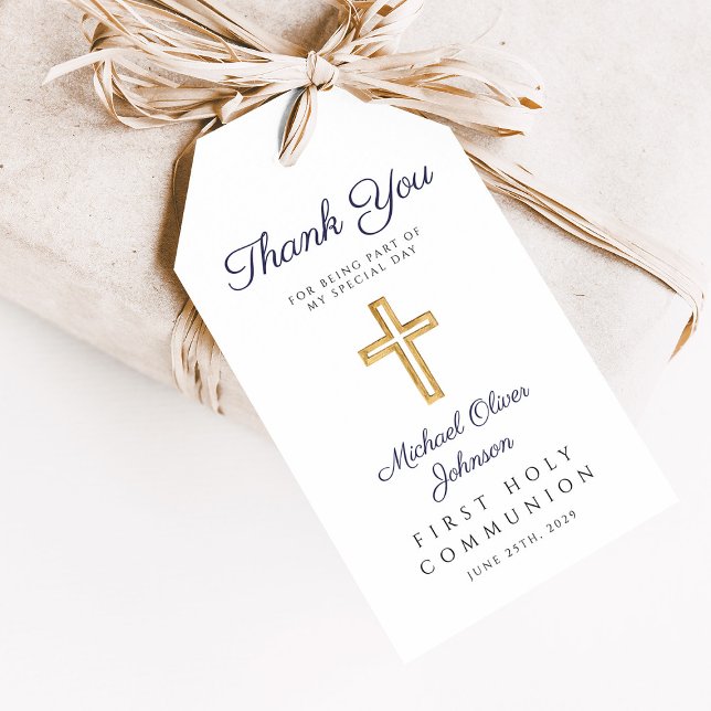 Blue Script Religious Boy First Communation Geschenkanhänger (Navy Blue Script Religious Boy First Communion Gift Tags)
