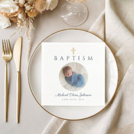 Blue Script Religious Cross Boy Baptism Foto Serviette