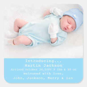 Blue Script Sweet Modern Boy Birth Foto Quadratischer Aufkleber