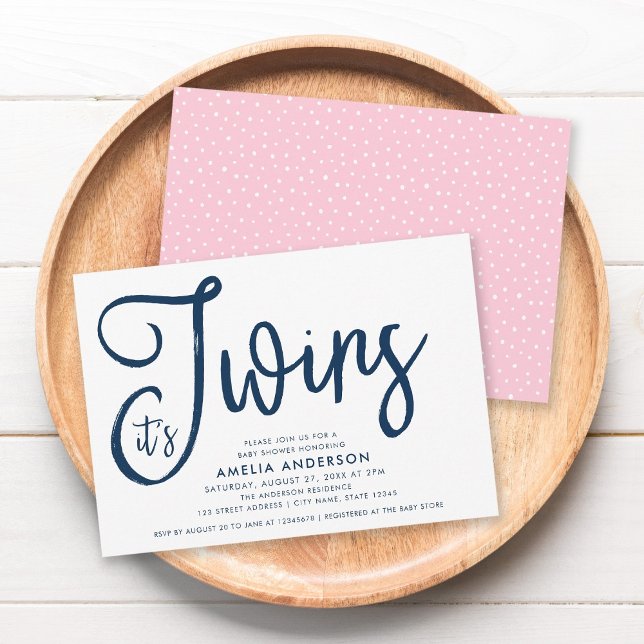 Blue Script und Pink It's Twins Baby Shower Einladung (Von Creator hochgeladen)