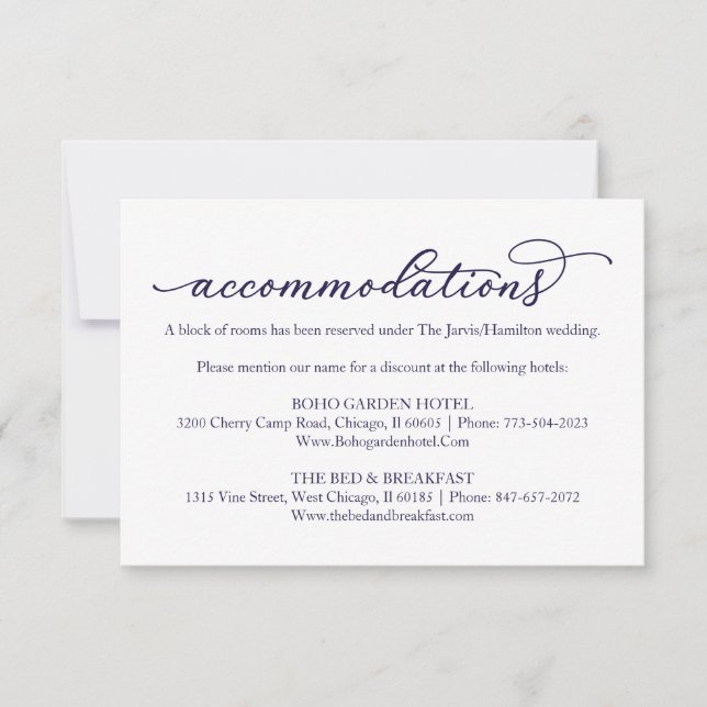 Blue Script Wedding Hotel Accommodation Card RSVP Karte (Vorderseite)