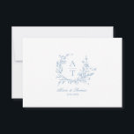 Blue Script Wildblume Monogram Details Card Einladung<br><div class="desc">Wildblume Wappen staubige blaue Details Karte.</div>