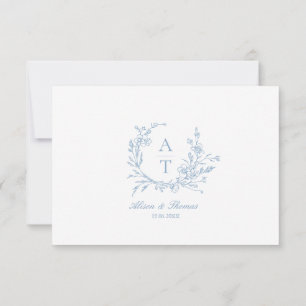 Blue Script Wildblume Monogram Details Card Einladung