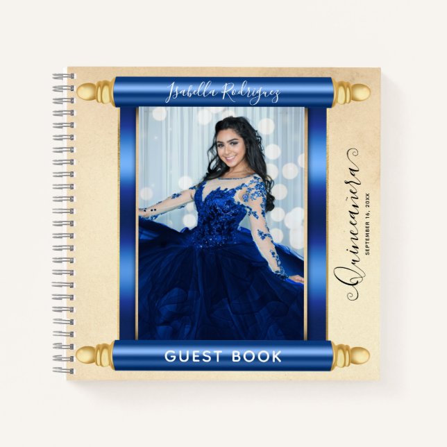 Blue Scroll Photo Quinceañera Budget Livre d'or (Devant)