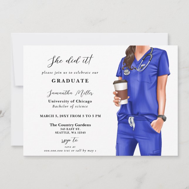 Blue Scrubs Nurse Foto Sie tat es Abschluss Einladung (Vorderseite)