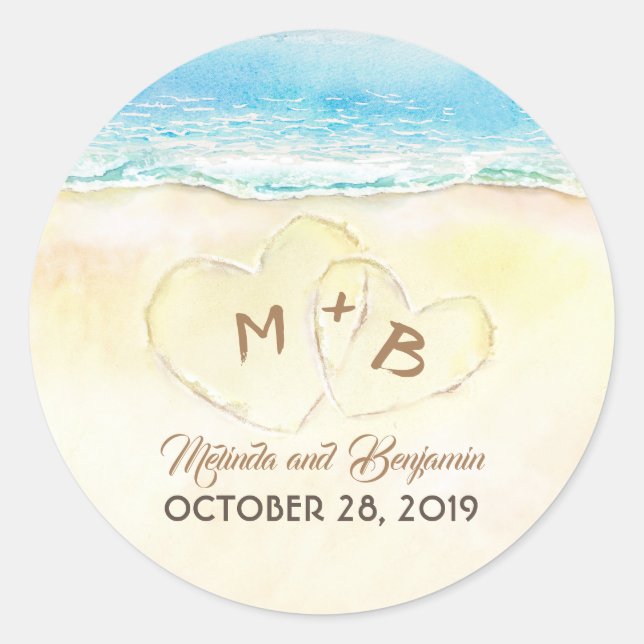 Blue Sea and Sand Heart Initials Wedding Runder Aufkleber (Vorderseite)