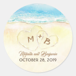 Blue Sea and Sand Heart Initials Wedding Runder Aufkleber