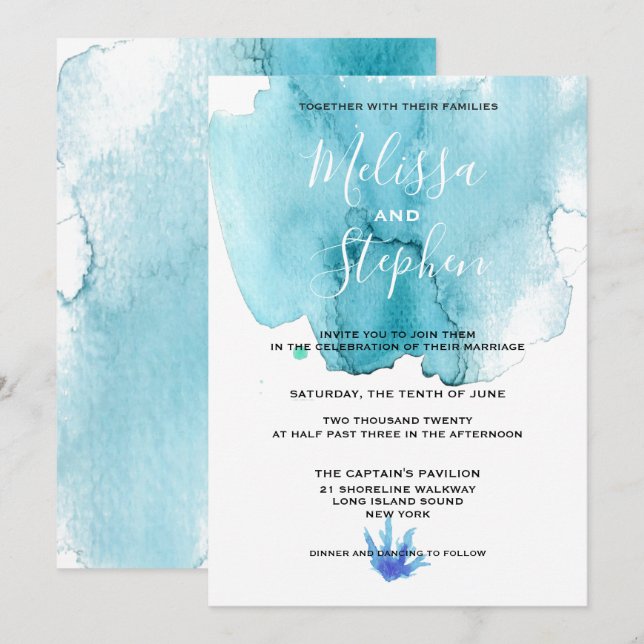 Blue Sea Foam Watercolor Beach Hochzeitsempfang Einladung (Vorne/Hinten)